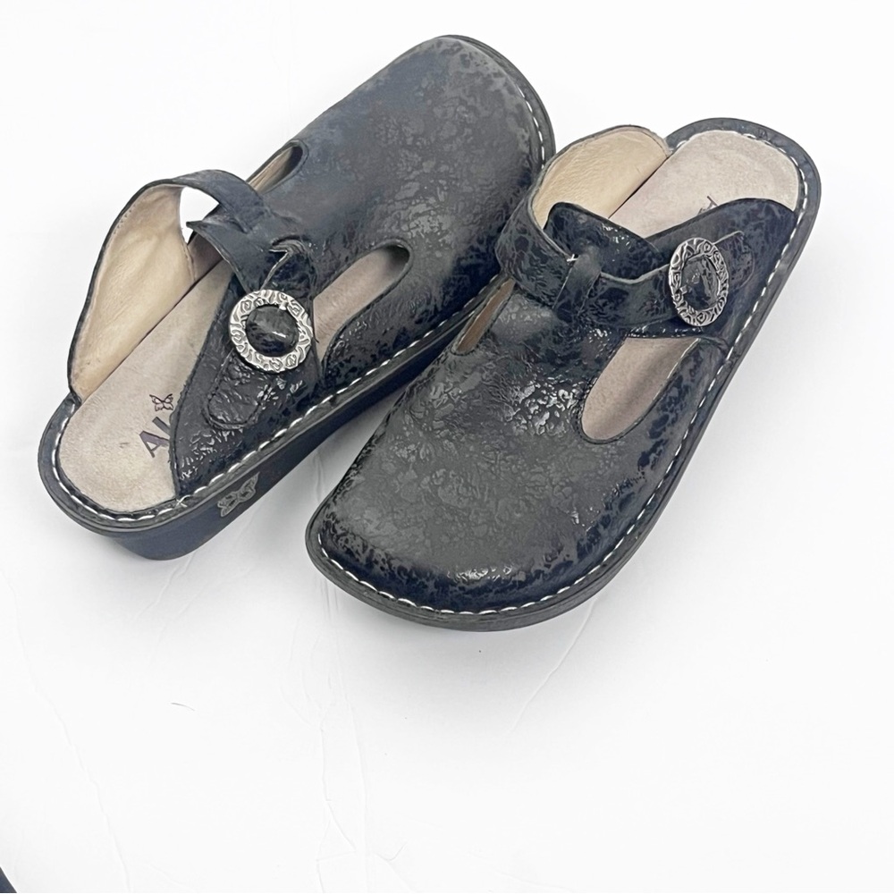 ALEGRIA Leather Black Embossed Buckle Accent Mule Slip On Slide Shoes EU 36